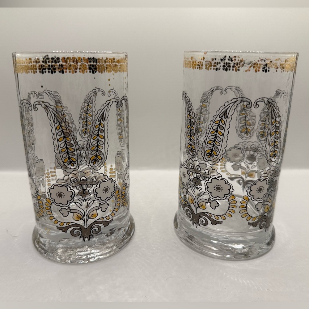 2 Vtg black & gold floral tumblers - Thick glass, ornate, & beautiful patina.